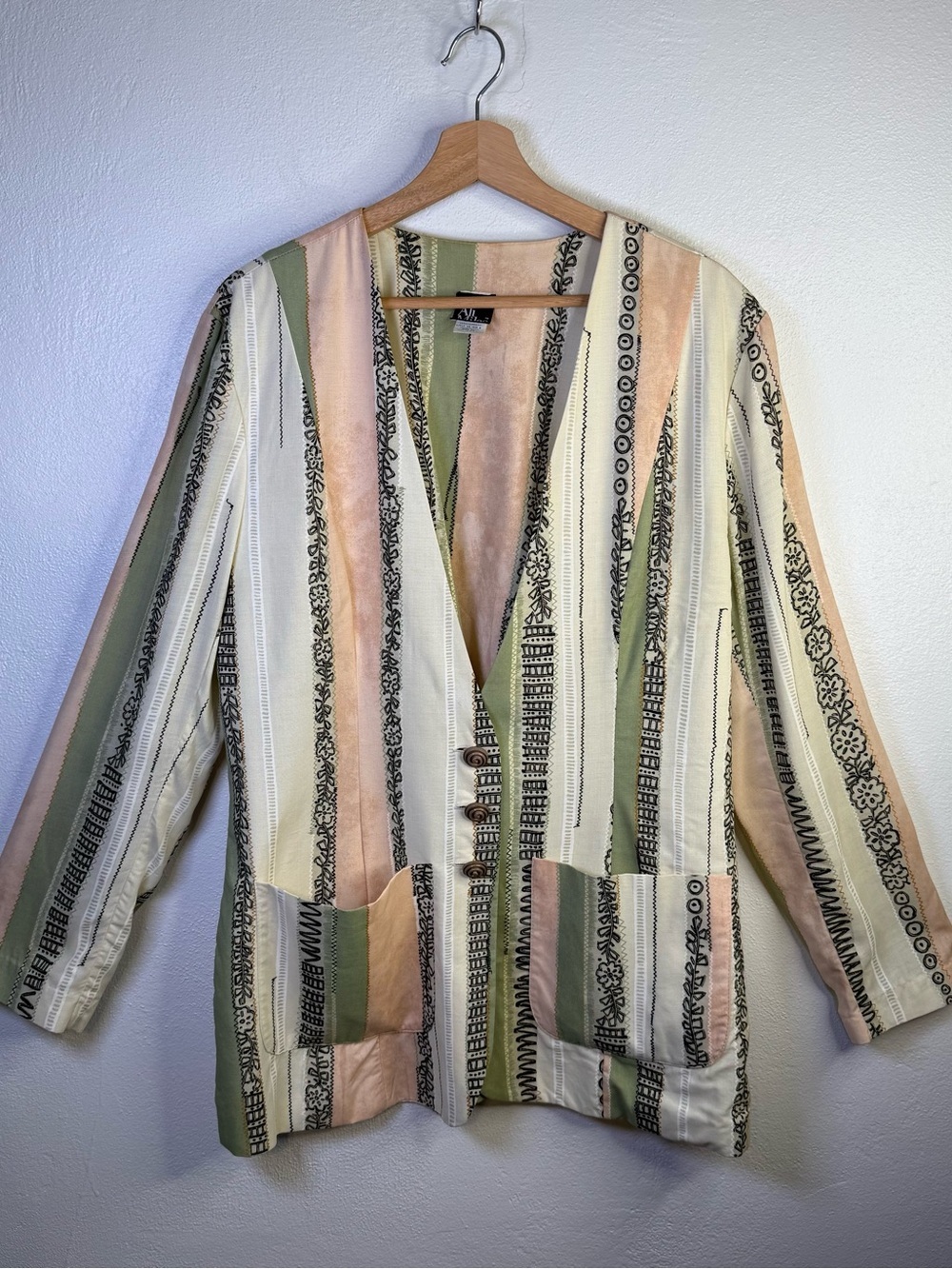 Vtg 90s Ali Miles Art to Wear Striped Patchwork Blazer Jacket Rayon Size 14